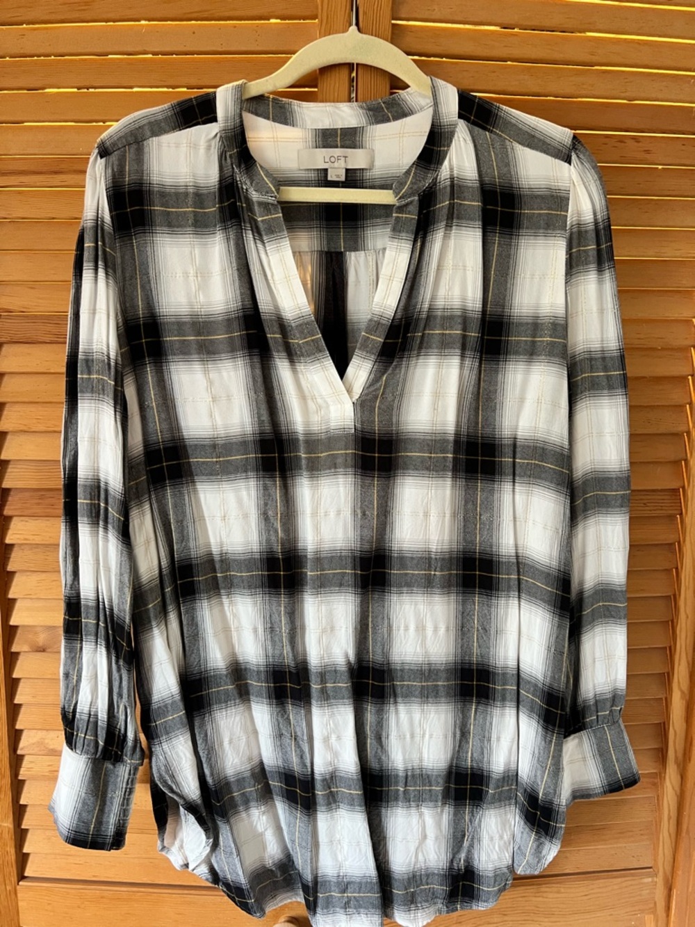 LOFT Black, White & Yellow Plaid Buttonless Pullover Top